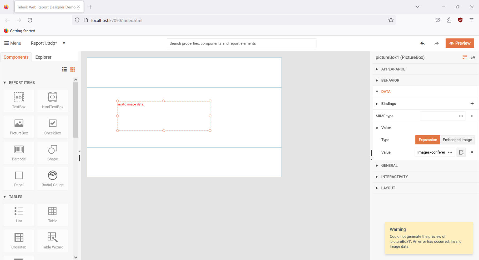 An image of how the error with the PictureBox appears within the Web Report Designer