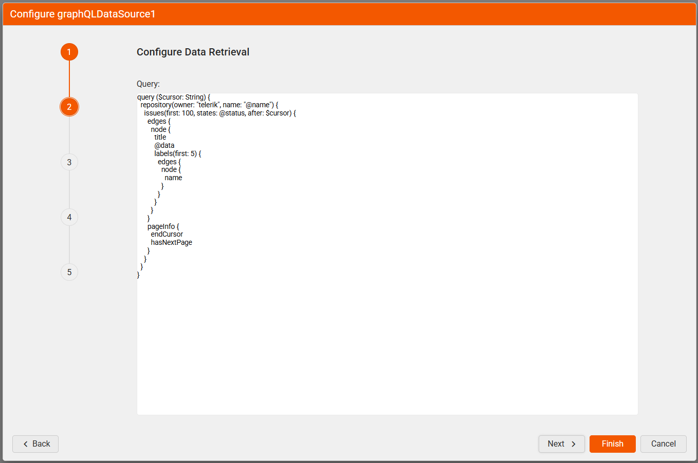 "Configure Data Retrieval" window of the GraphQLDataSource Wizard. Includes a text area for the GraphQL query.