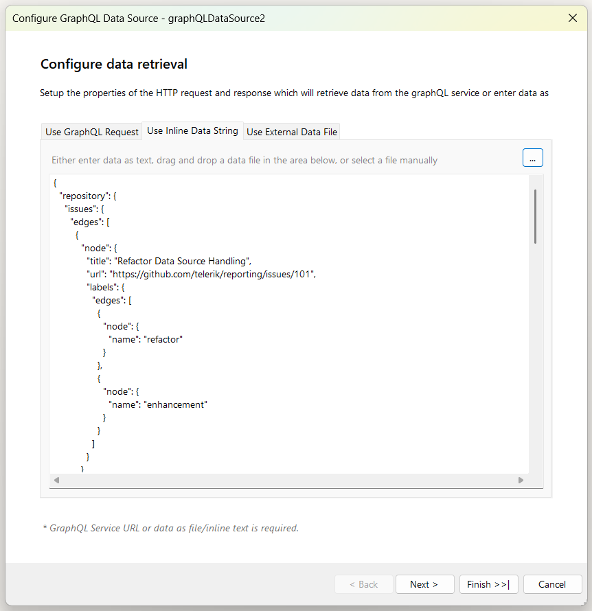 "Use Inline Data String" tab of the "Configure data retrieval" window of the GraphQLDataSource Wizard. Includes a text area to configure the inline string containing the data.