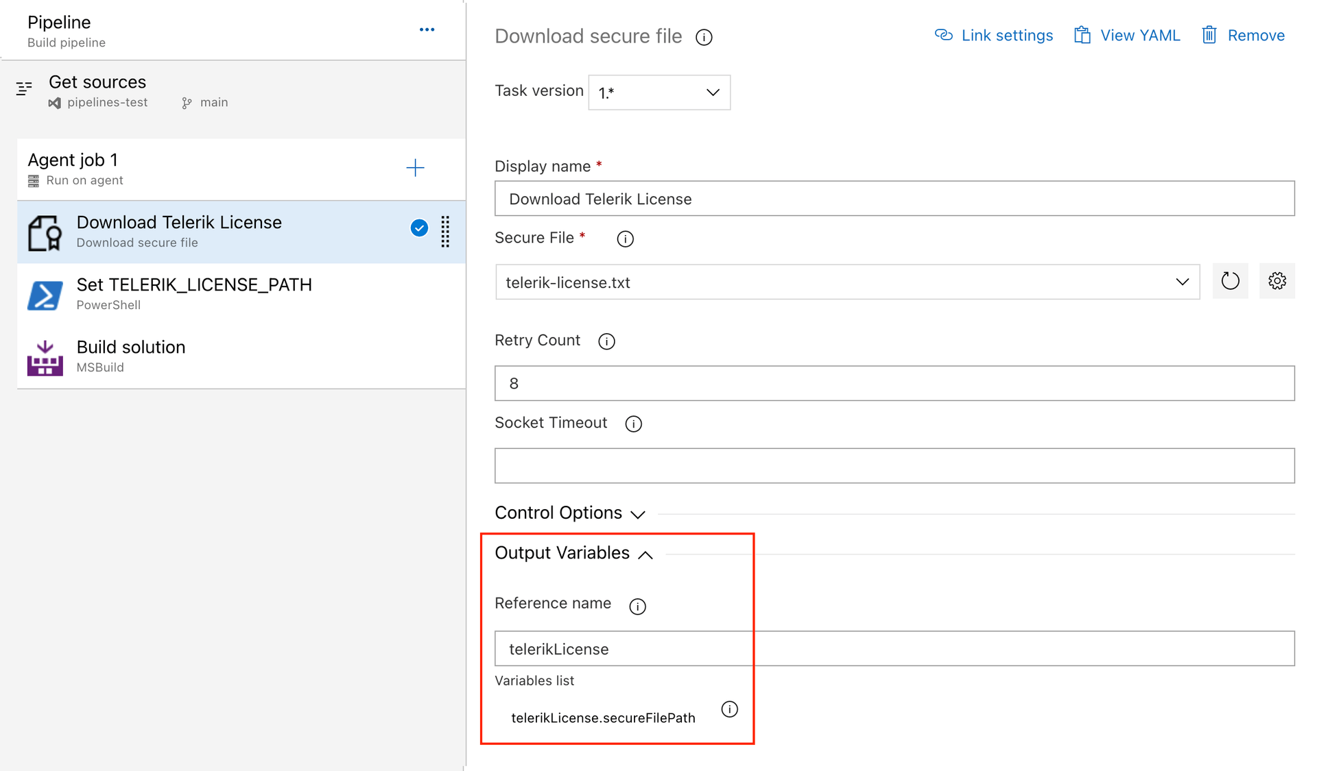 Download Telerik License as secure file on Azure DevOps through Classic Pipeline.