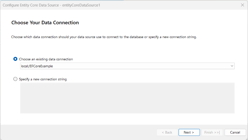 The 'Choose Your Data Connection' page of the Entity Framework Core Data Source Wizard in the Standalone Report Designer for .NET with a selected existing local data connection.