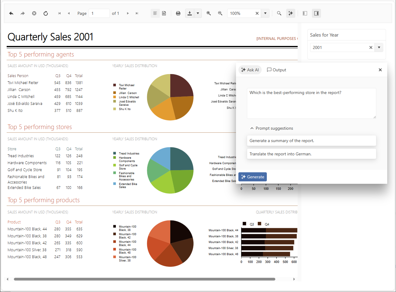 The preview of the demo report 'Report Catalog' in the Native Angular Report Viewer in the Microsoft Edge browser