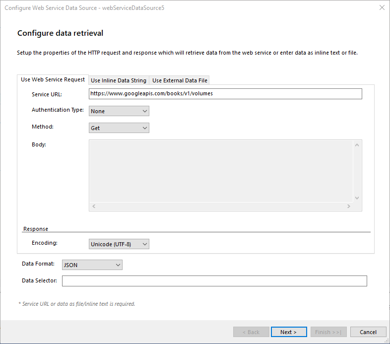 Use Web Service Request tab of the Configure data retrieval dialog of the WebServiceDataSource Wizard of the Report Designer