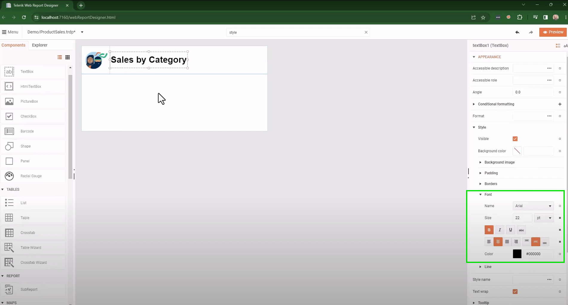 The TextBox 'Sales by Category' styled and aligned in the web designer.
