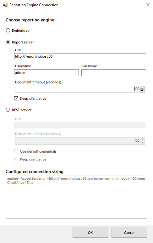 Image of the Windows Forms Reporting Engine Connection Editor window.