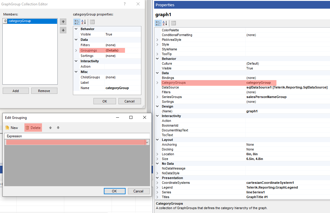 Delete the Grouping in the Category Group of the Graph Item with Bubble Chart from the Group Collection Editor in the Standalone Report Designer