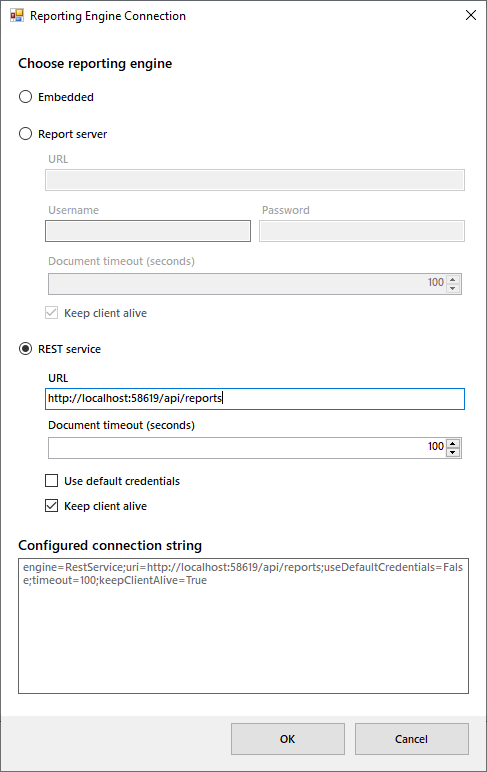 Image of the Windows Forms Connection Editor window, showing the REST Service option.