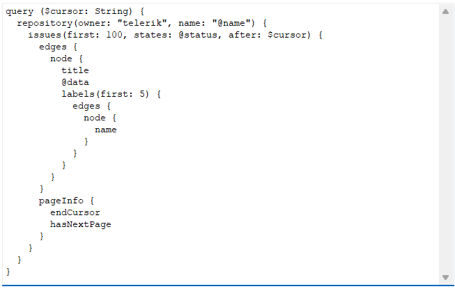 Inline parameters provided in the query of the GraphQLDataSource. The "name" parameter is used for a string literal, the "status" is used for an enum value, and the "data" parameter serves to specify a field name.