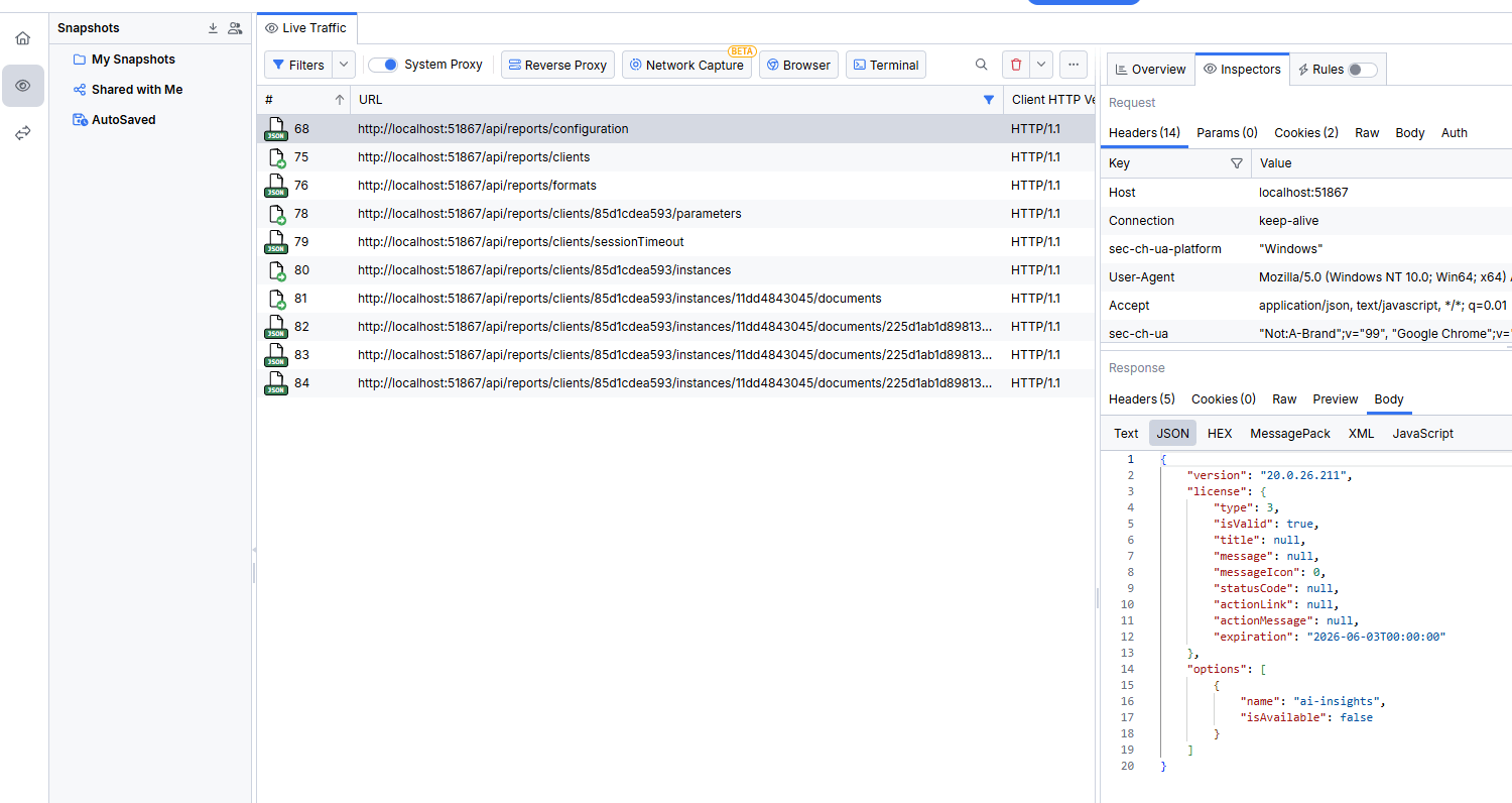The traffic between the HTML5 Report Viewer and the Reporting REST Service captured with Fiddler Everywhere.