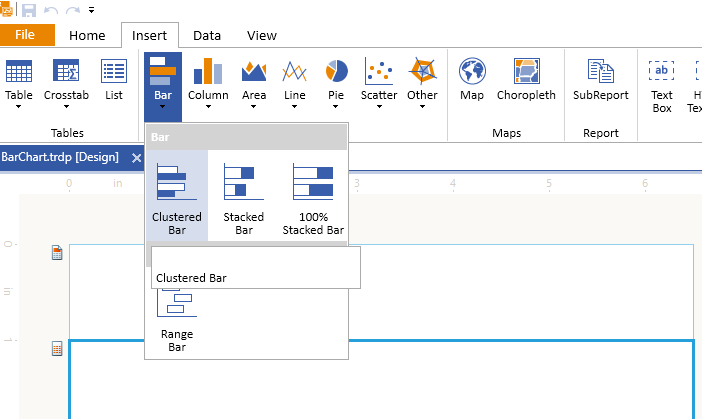 Adding the Telerik Reporting Bar Chart Wizard from the Insert Menu Item of the Standalone Report Designer
