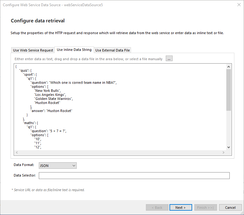 Use Inline Data String tab of the Configure data retrieval dialog of the WebServiceDataSource Wizard of the Report Designer