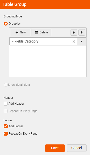 Table Group Dialog showing Add Footer and Repeat On Every Page options