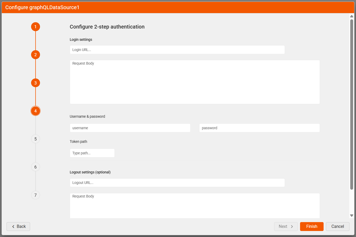 "Configure 2-step authentication" window of the GraphQLDataSource Wizard. Includes text boxes for "Login URL", "Login Body", "Username", "Password", "Token Path", "Logout URL", and "Logout Body".
