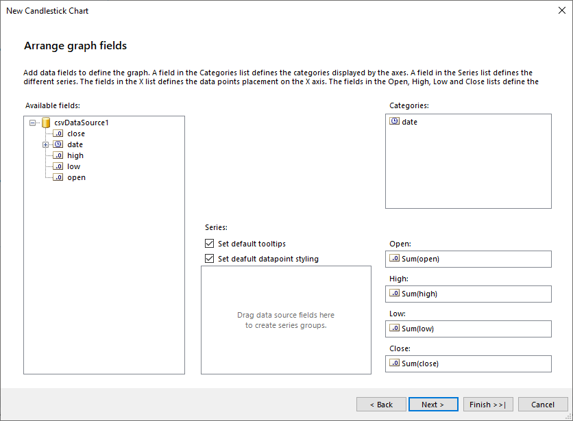 Arrange the OHLC Chart Series, Categories and Open, High, Low and Close values from the Wizard in the Standalone Report Designer