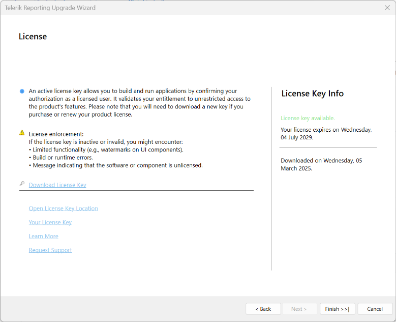 The Licensing step of the Reporting extension's Upgrade Wizard