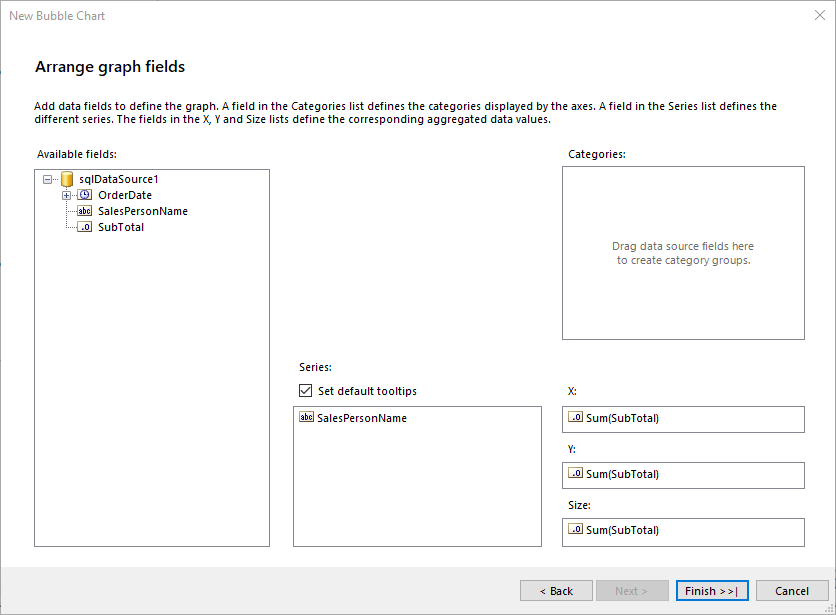 Arrange the Bubble Chart Series, Categories and X, Y and Size values from the Wizard in the Standalone Report Designer