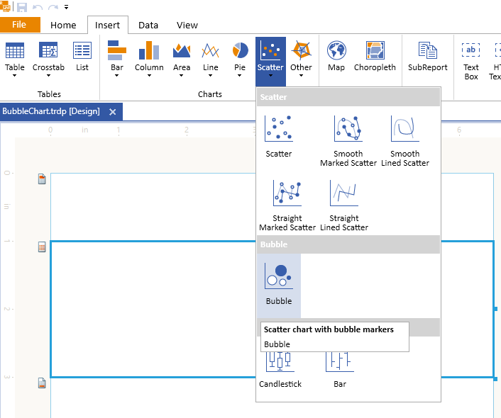 Adding the Telerik Reporting Bubble Chart Wizard from the Insert Menu Item of the Standalone Report Designer