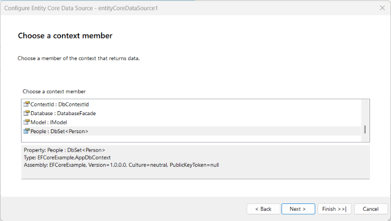 The 'Choose a context member' page of the Entity Framework Core Data Source Wizard in the Standalone Report Designer for .NET with a selected existing DbSet.