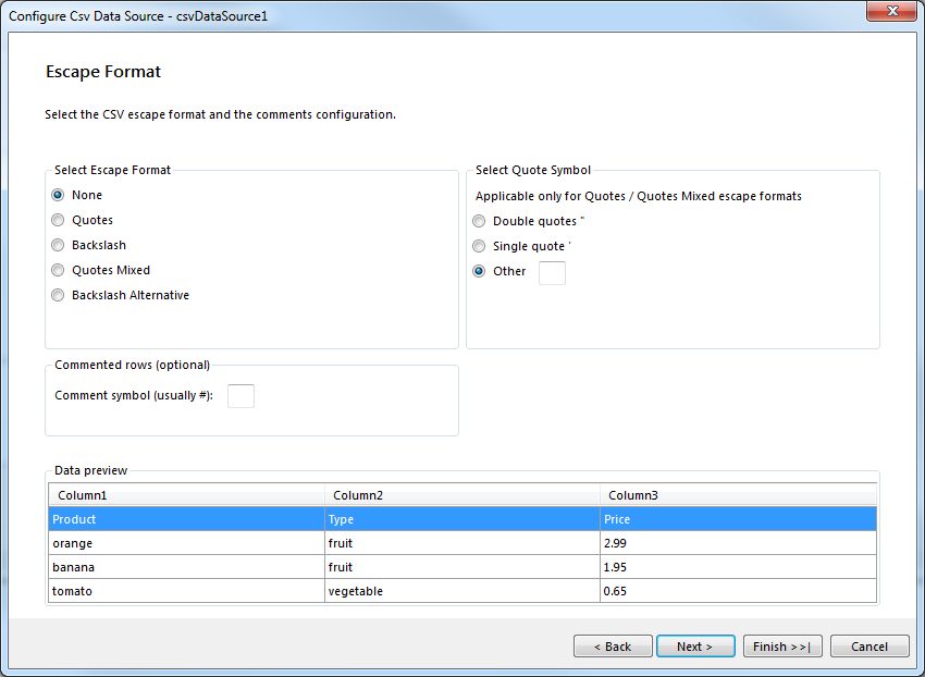 Escape Format dialog of the CsvDataSource Wizard of the Report Designer