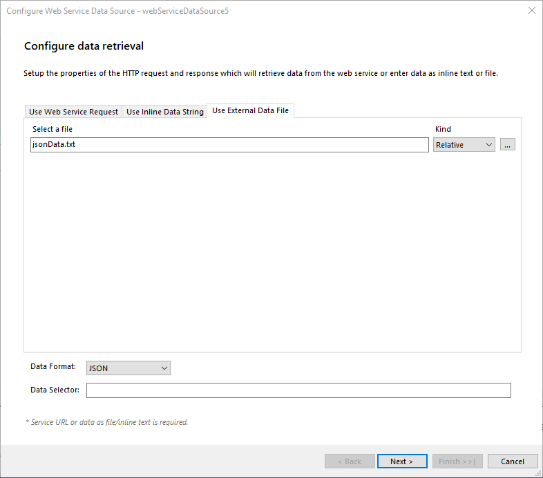 Use External Data File tab of the Configure data retrieval dialog of the WebServiceDataSource Wizard of the Report Designer