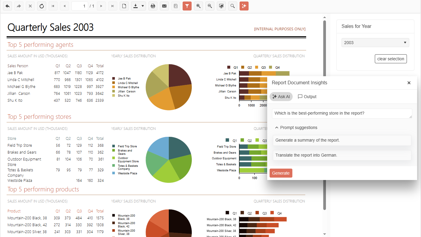 The preview of the demo report Dashboard in the Native Blazor Report Viewer in Firefox browser