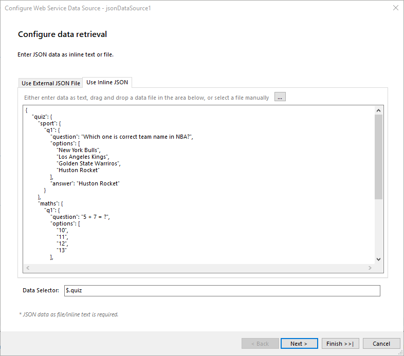 Choose a JSON Source dialog of the JsonDataSource Wizard of the Report Designer