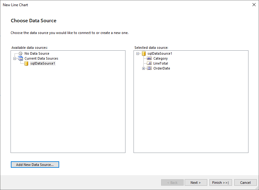 Add DataSource to the Line Chart with the Wizard of the Standalone Report Designer