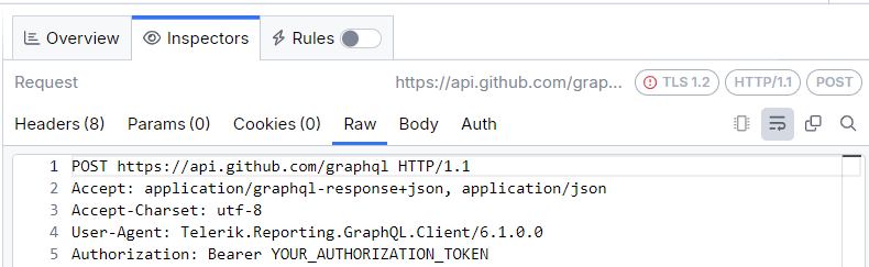 A request performed by the GraphQLDataSource component and captured by Fiddler. The request has an Authorization HTTP header.