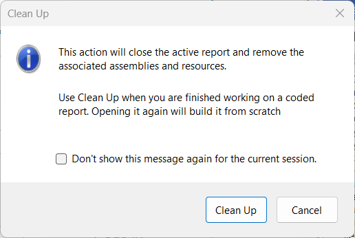 The warning message in the .NET Report Tools tab in the Standalone Report Designer for .NET's when clicking on the Clean Up button.