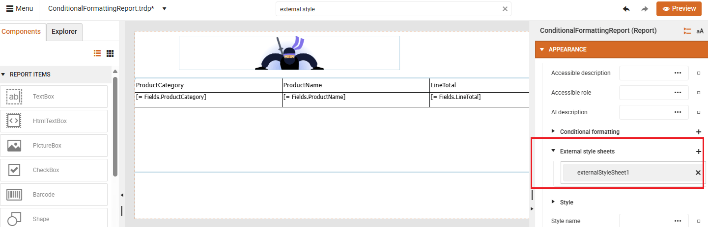 Apply External StyleSheet ><