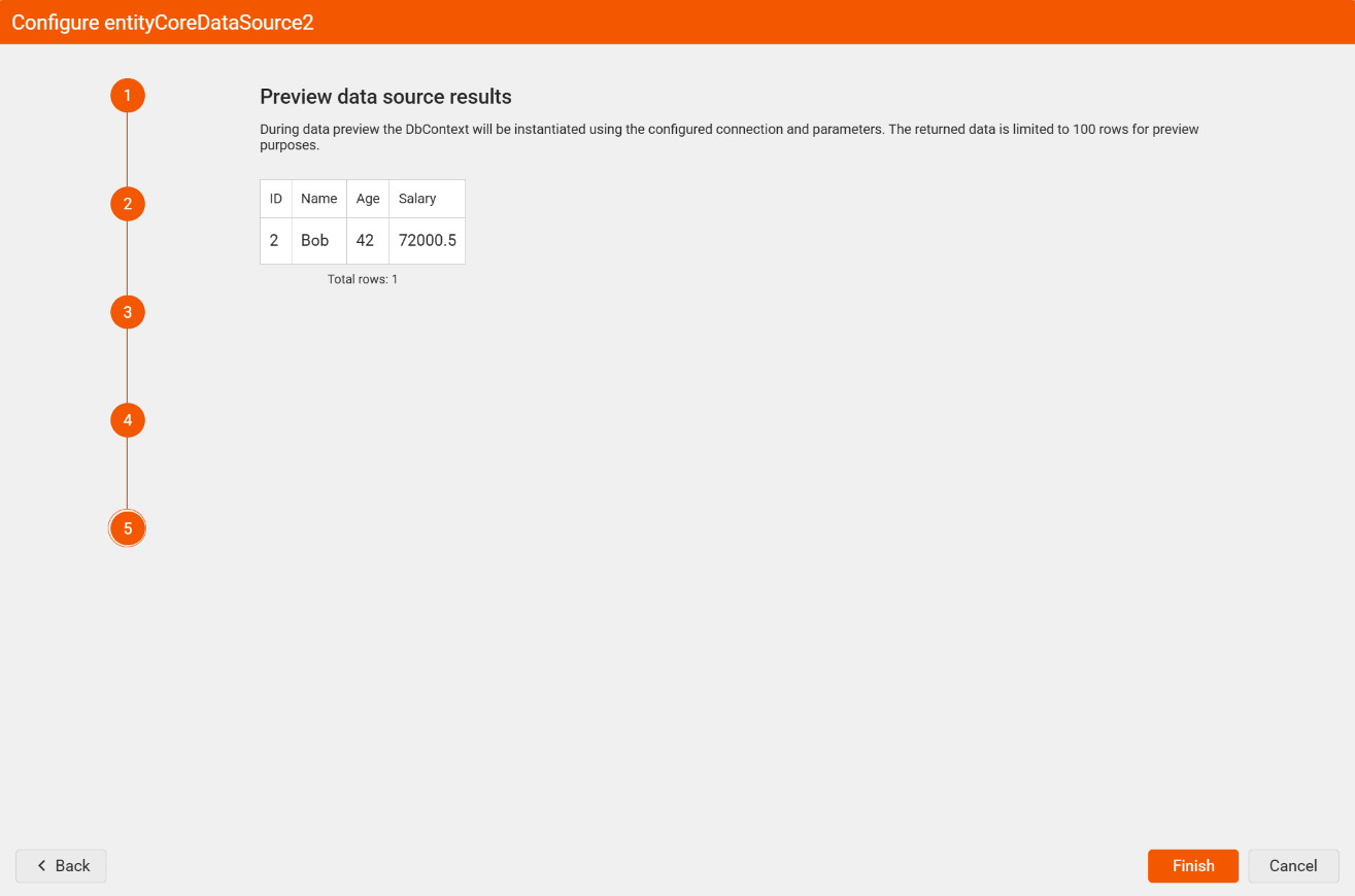"Preview data source results" wizard page of the EntityCoreDataSource Wizard in the Web Report Designer showing a grid of records returned by the configured DbContext member.