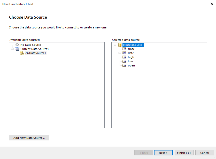 Add DataSource to the OHLC Chart with the Wizard of the Standalone Report Designer