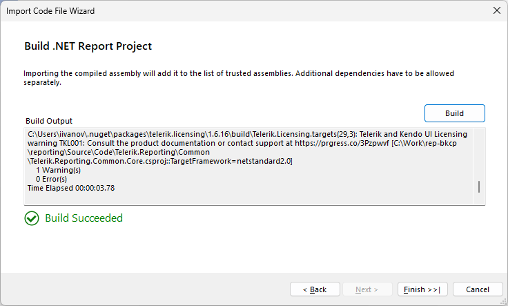 The second step of the Open Code File Wizard where the project is built and the build information is outputted to the GUI.