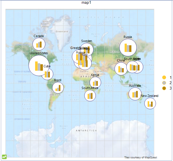 A Preview of the Map with Point and Column Charts that we just Created through the Map Wizard of the Standalone Report Designer