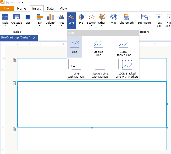 Adding the Telerik Reporting Line Chart Wizard from the Insert Menu Item of the Standalone Report Designer