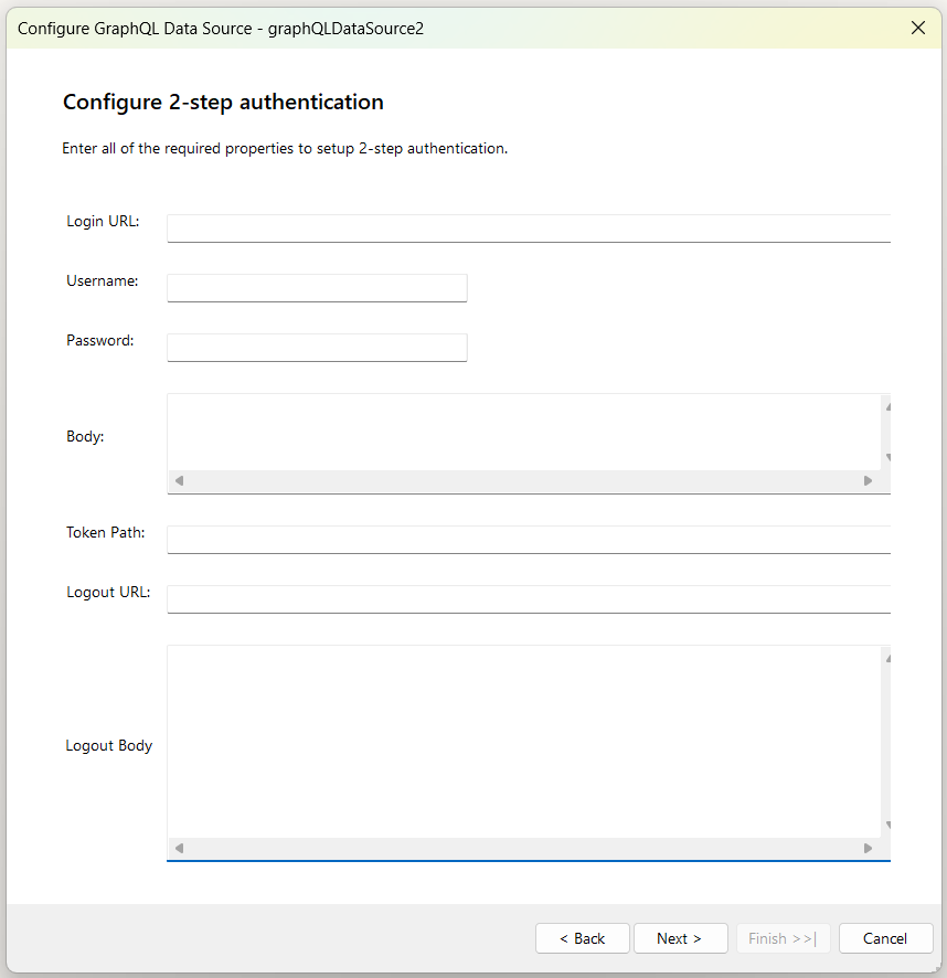 "Configure 2-step authentication" window of the GraphQLDataSource Wizard. Includes text boxes for "Login URL", "Username", "Password", "Body", "Token Path", "Logout URL", and "Logout Body".