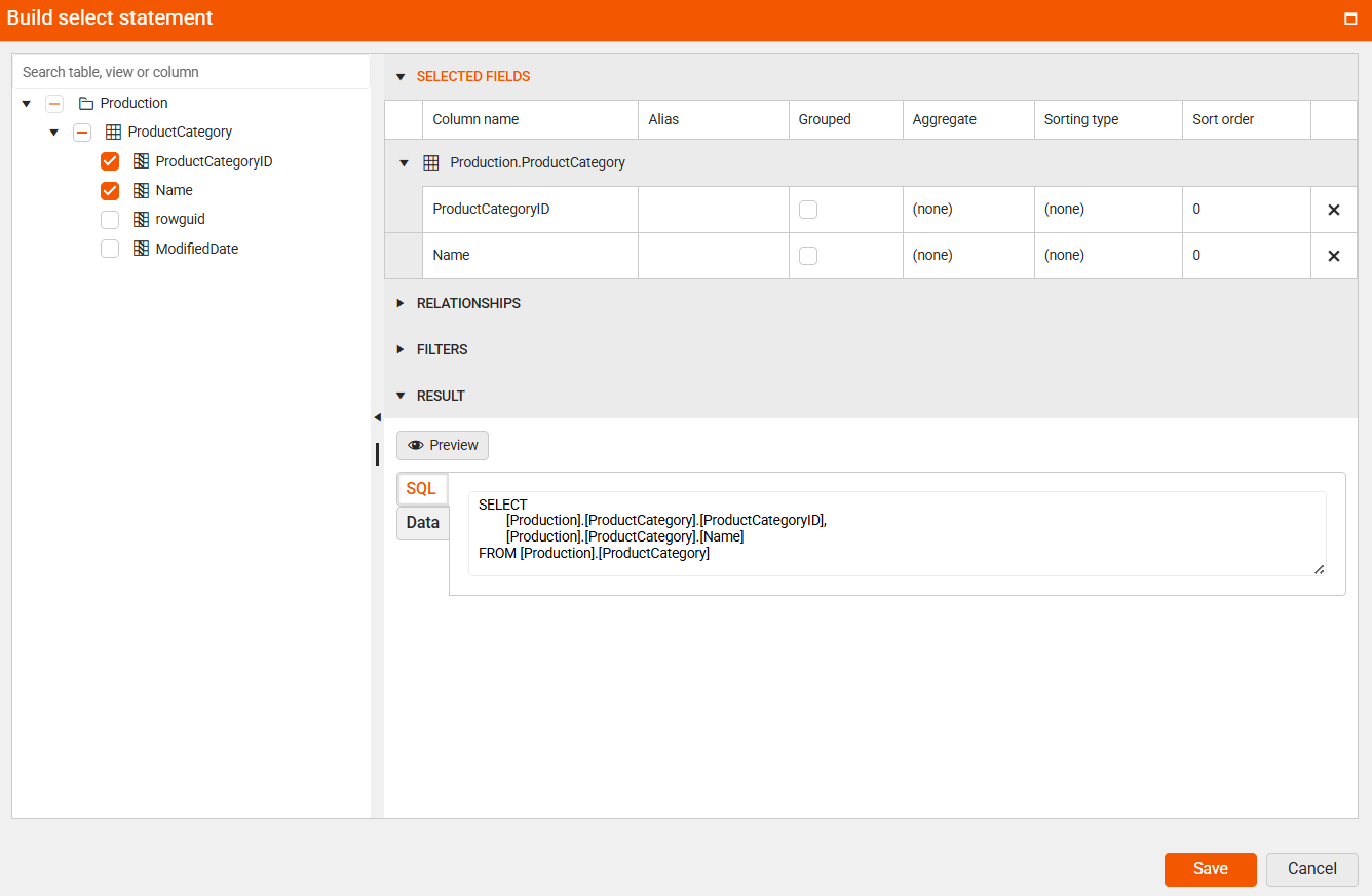 Image of the SQL Data Source wizard showing the query builder dialog ><