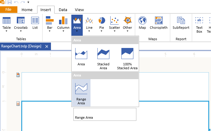 Adding the Telerik Reporting Range Area Chart Wizard from the Insert Menu Item of the Standalone Report Designer