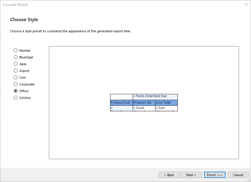 Choose Office Style in the Crosstab Wizard of the Standalone Report Designer