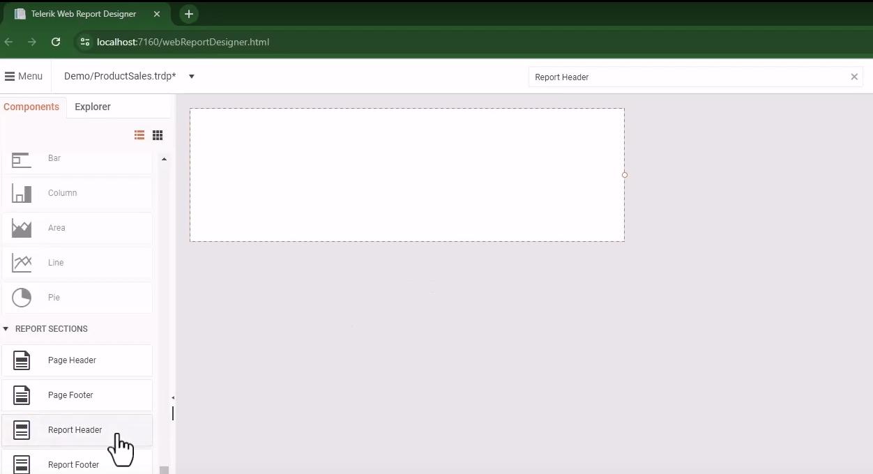 Searching for the 'Report Header' and locating it in the web designer's 'Components' menu.