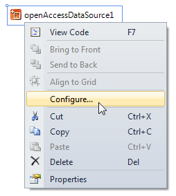 The context menu of the OpenAccessDataSource component with the Configure option chosen