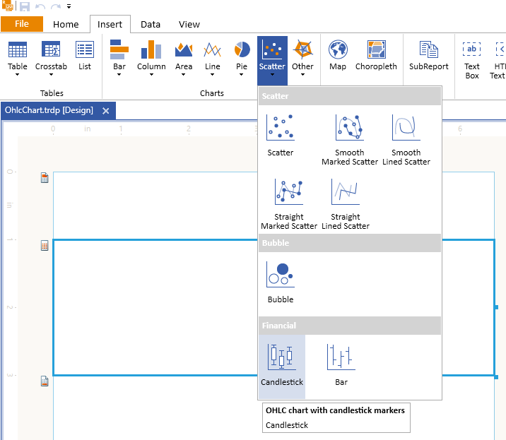 Adding the Telerik Reporting Candlestick (OHLC) Chart Wizard from the Insert Menu Item of the Standalone Report Designer