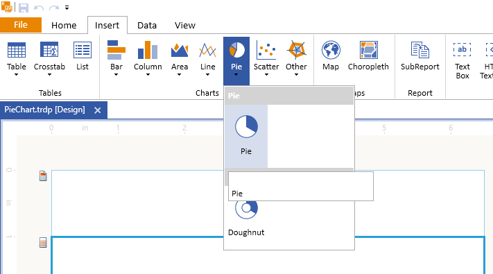 Adding the Telerik Reporting Pie Chart Wizard from the Insert Menu Item of the Standalone Report Designer