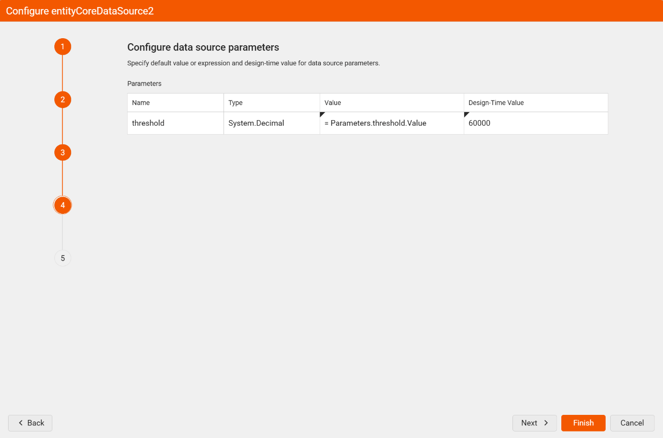 "Configure data source parameters" wizard page of the EntityCoreDataSource Wizard in the Web Report Designer with the parameters mapped to expressions or report parameters.