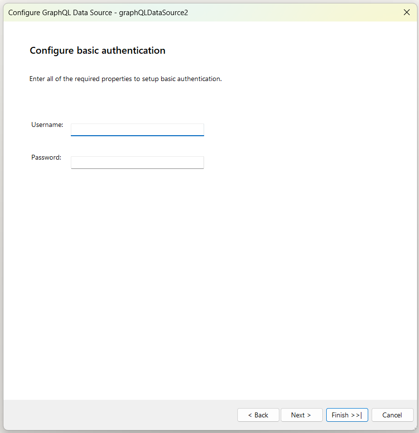 "Configure basic authentication" window of the GraphQLDataSource Wizard. Includes two text boxes for the user name and the password.