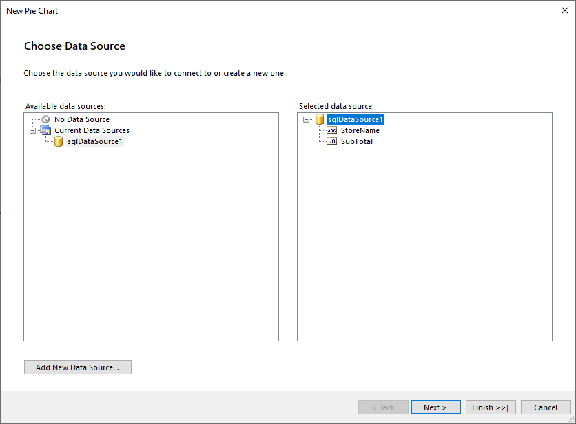 Add DataSource to the Pie Chart with the Wizard of the Standalone Report Designer
