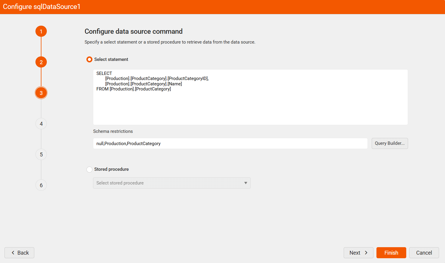 Image of the SQL Data Source wizard showing the schema restrictions field ><