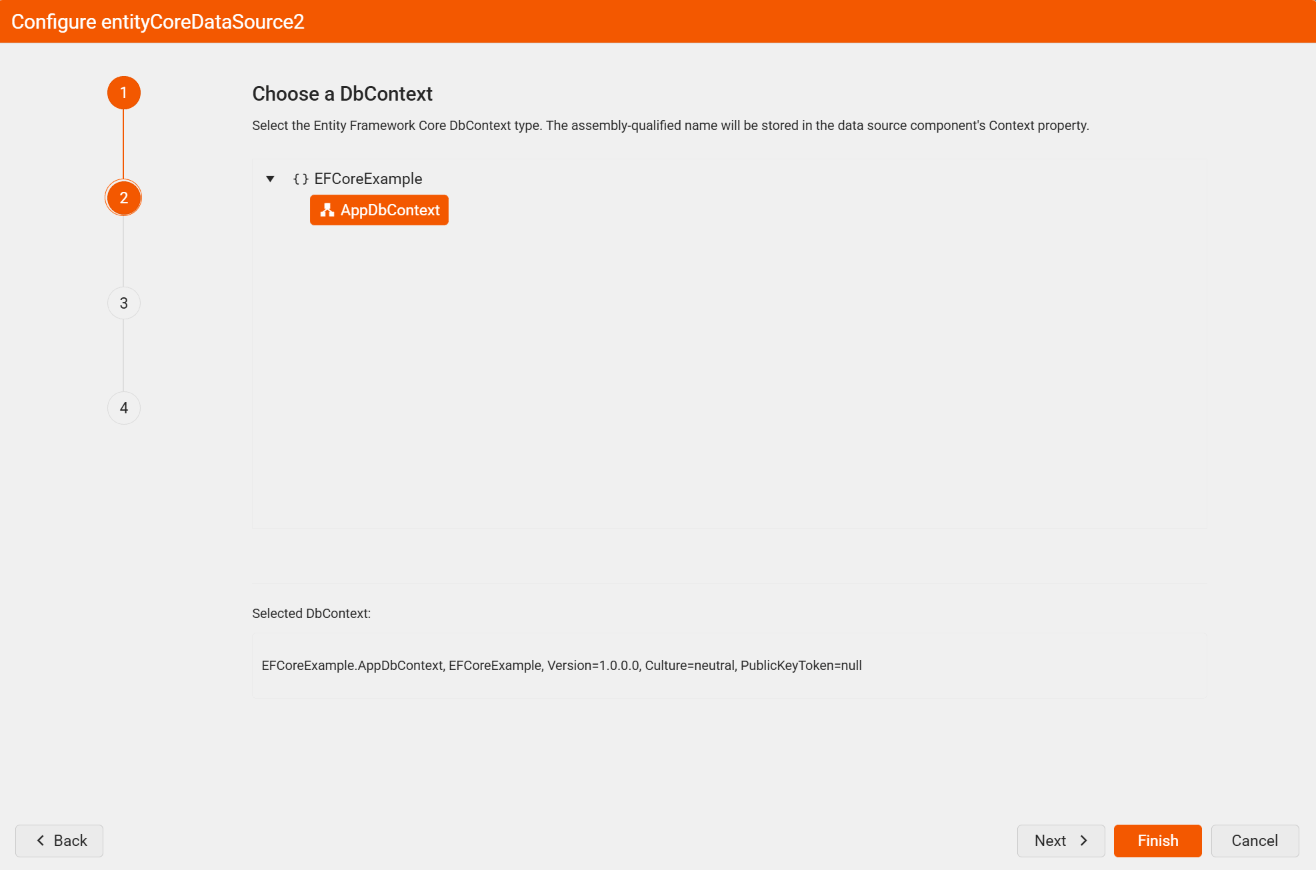 "Choose a DbContext" wizard page of the EntityCoreDataSource Wizard in the Web Report Designer listing the available DbContext types grouped by namespace.