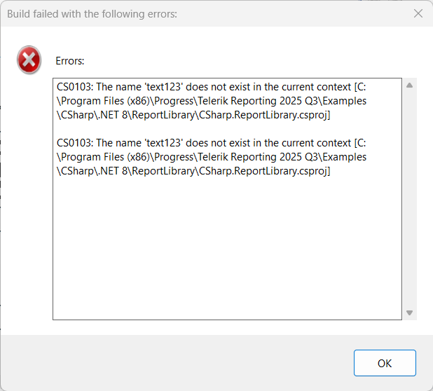 Error thrown by a failing build in the .NET Report Tools tab in the Standalone Report Designer for .NET.