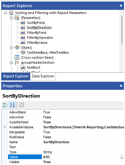 SortByDirection Report Parameter